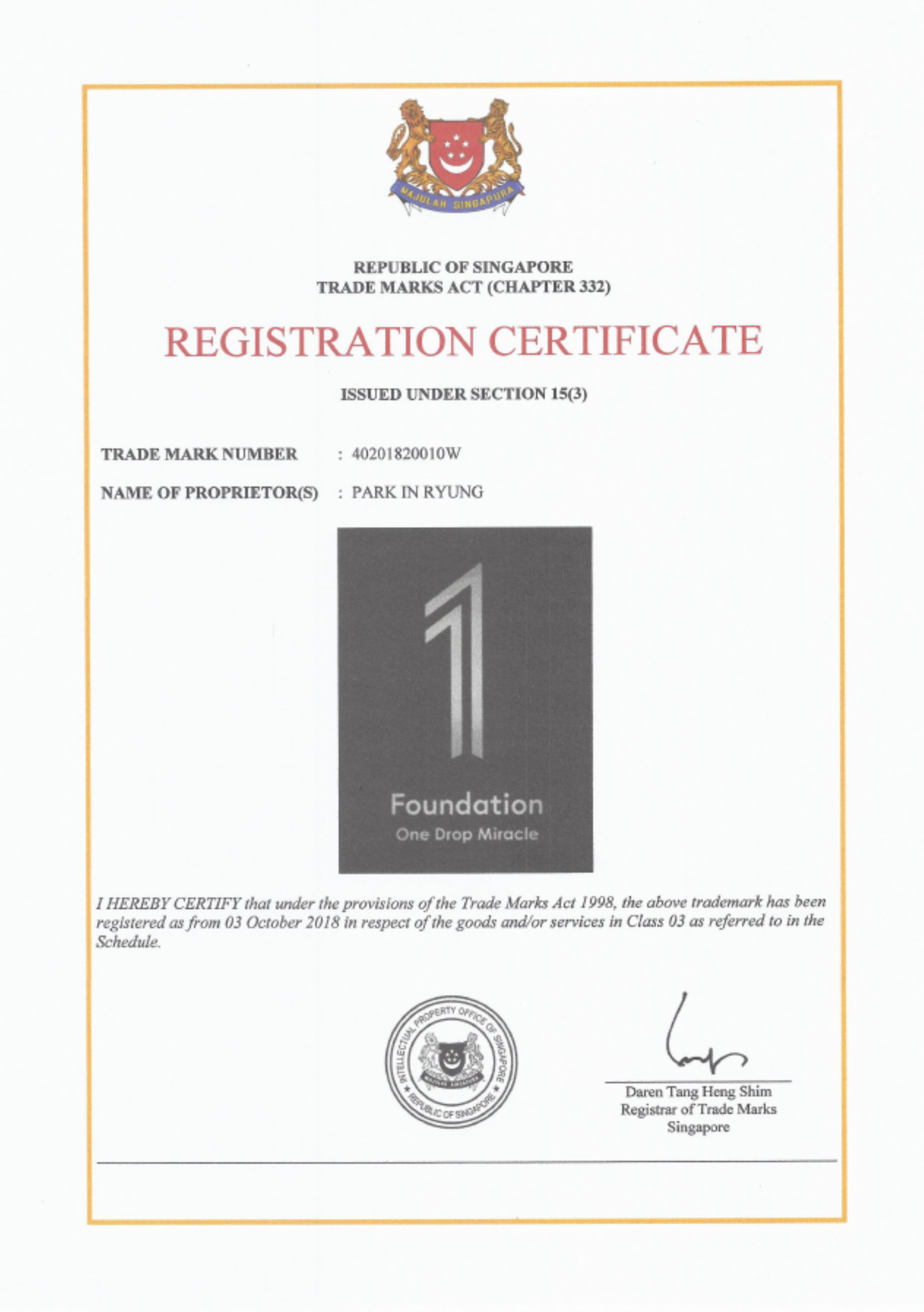 SINGAPORE trademark certificate